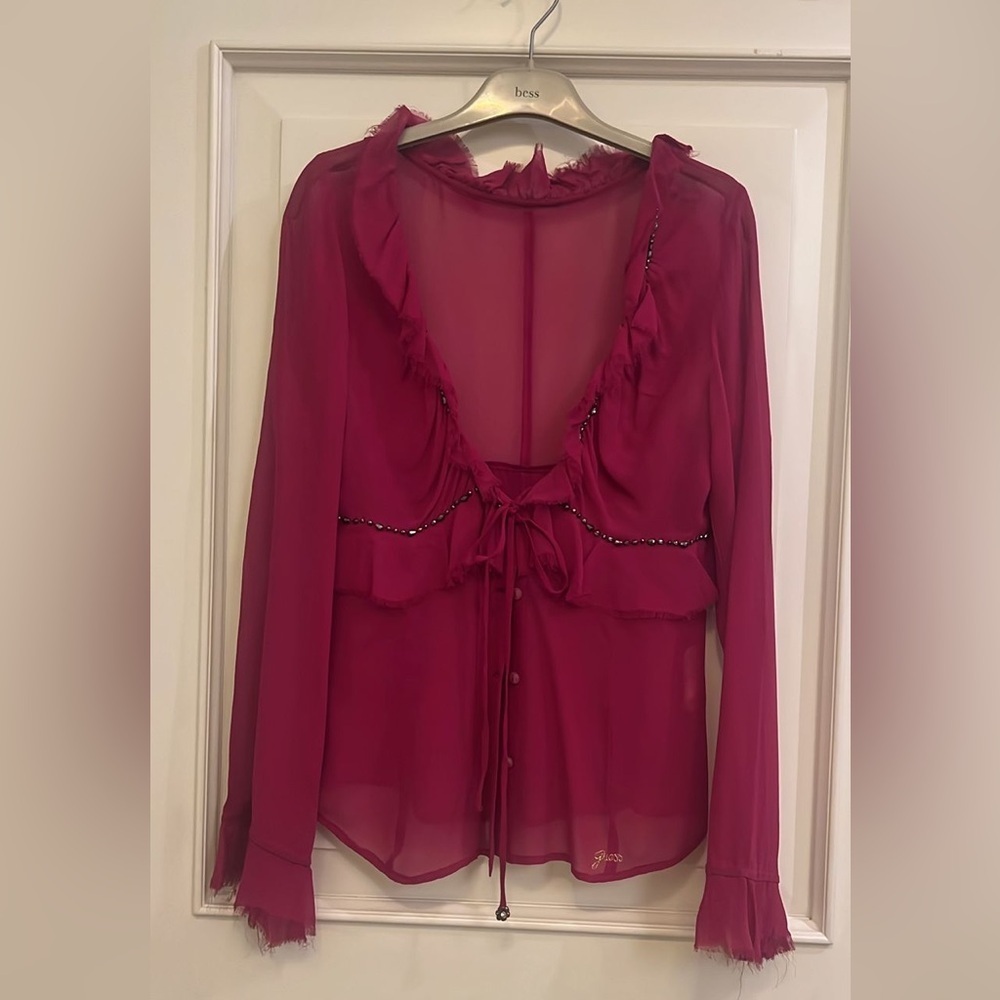 Y2K vintage Guess silk Fuchsia  Ruffled Tie Front Blouse